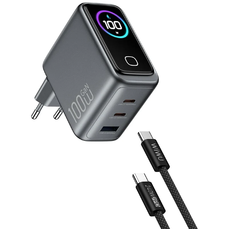 WIWU CHG300 100W GaN Wall Charger 3-Port Fast Charging Smart Display for Laptop Phone Tablet, EU Plug