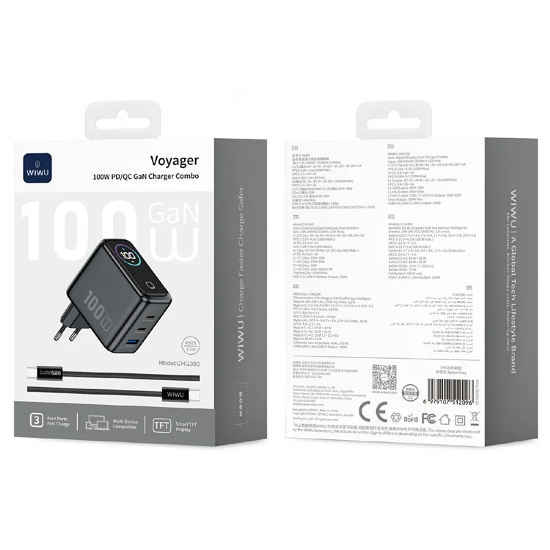 WIWU CHG300 100W GaN Wall Charger 3-Port Fast Charging Smart Display for Laptop Phone Tablet, EU Plug