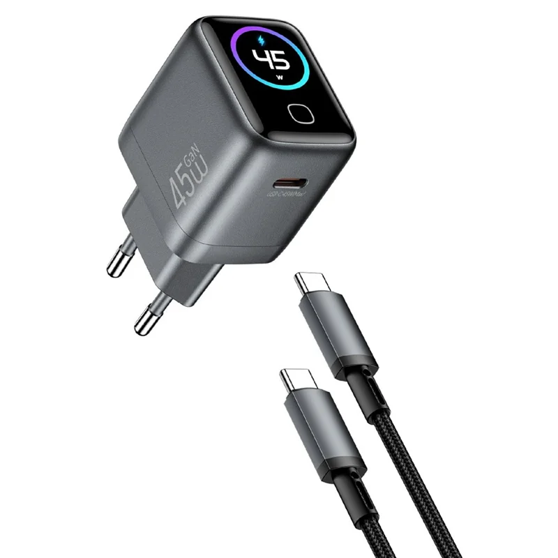 WIWU CHG500 45W USB-C GaN Wall Charger Smart Display PD QC Fast Charging for iPhone Phone Laptop, EU Plug