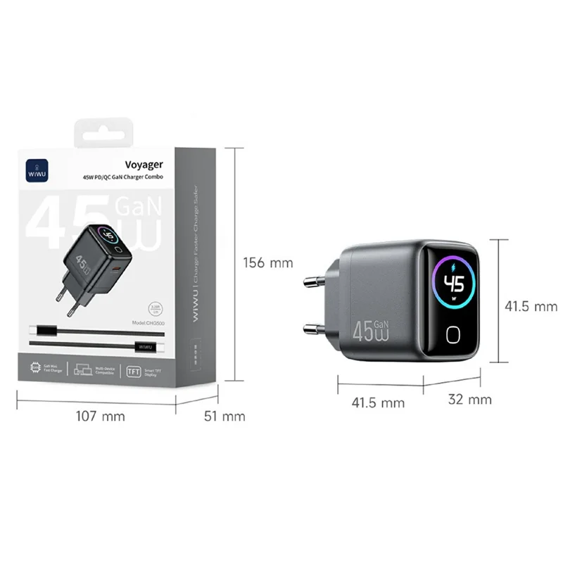 WIWU CHG500 45W USB-C GaN Wall Charger Smart Display PD QC Fast Charging for iPhone Phone Laptop, EU Plug