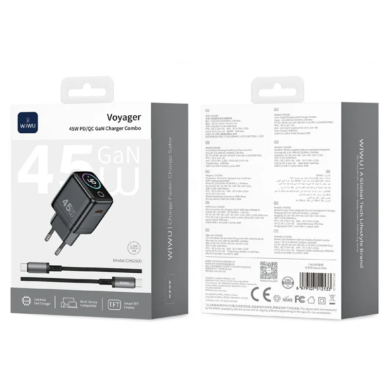 WIWU CHG500 45W USB-C GaN Wall Charger Smart Display PD QC Fast Charging for iPhone Phone Laptop, EU Plug
