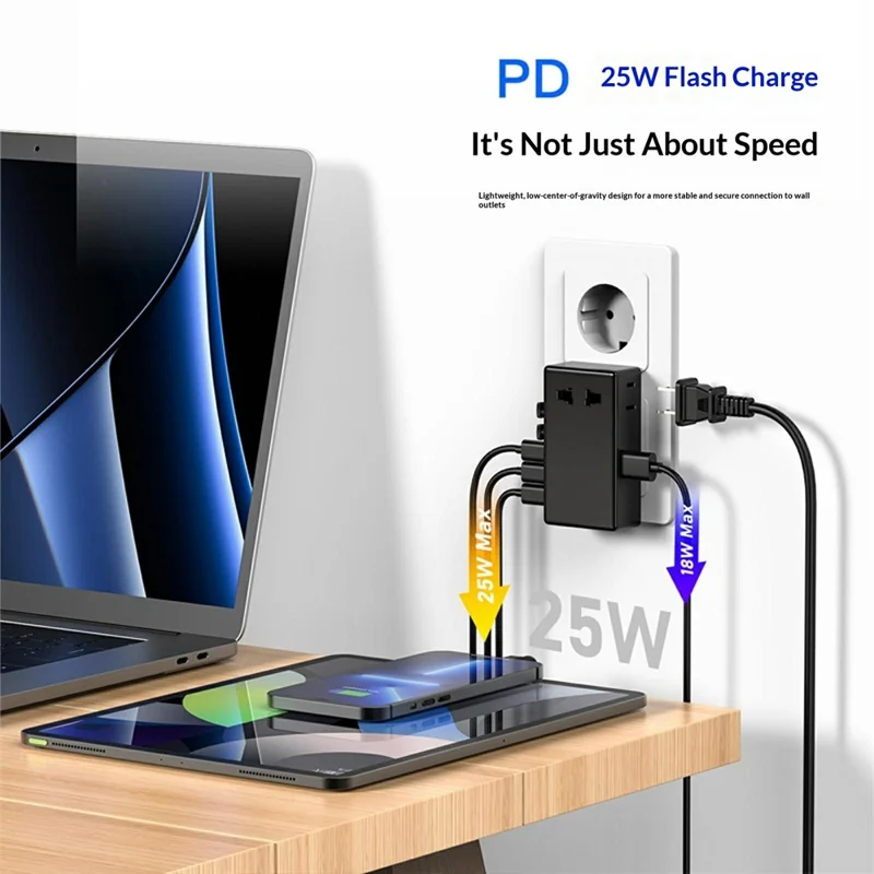 Portable PD 25W GaN Fast Charger with USB-A + 3 USB-C Ports Universal Travel Power Adapter - Black