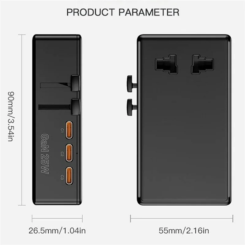 Portable PD 25W GaN Fast Charger with USB-A + 3 USB-C Ports Universal Travel Power Adapter - Black