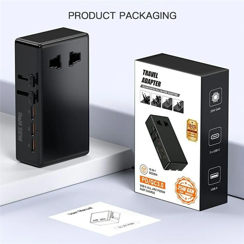 Portable PD 25W GaN Fast Charger with USB-A + 3 USB-C Ports Universal Travel Power Adapter - Black