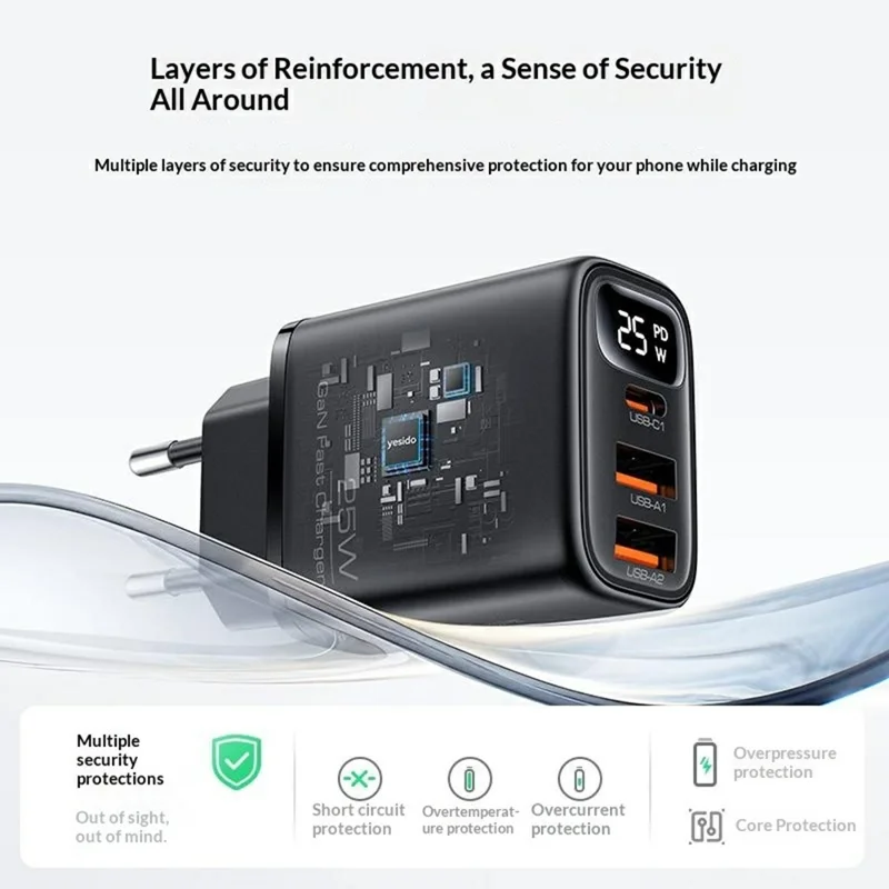 YESIDO YC120L 25W Fast Charger with USB-C to iP Cable Digital Display 3-Port Power Adapter, EU Plug - Black