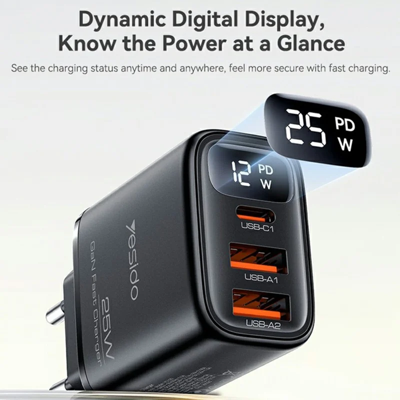 YESIDO YC120L 25W Fast Charger with USB-C to iP Cable Digital Display 3-Port Power Adapter, EU Plug - Black