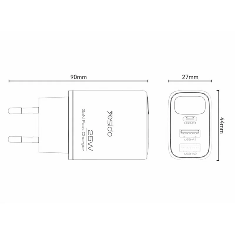 YESIDO YC120L 25W Fast Charger with USB-C to iP Cable Digital Display 3-Port Power Adapter, EU Plug - Black