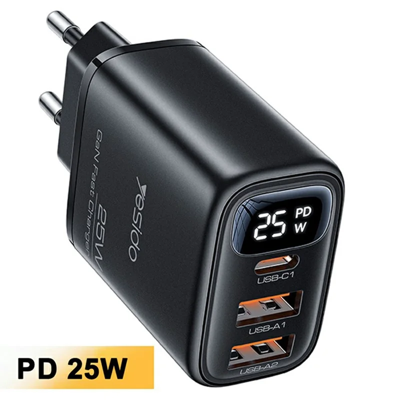 YESIDO YC120C 25W Fast Charger with USB-C to USB-C Cable Digital Display 3-Port Power Adapter, EU Plug - Black