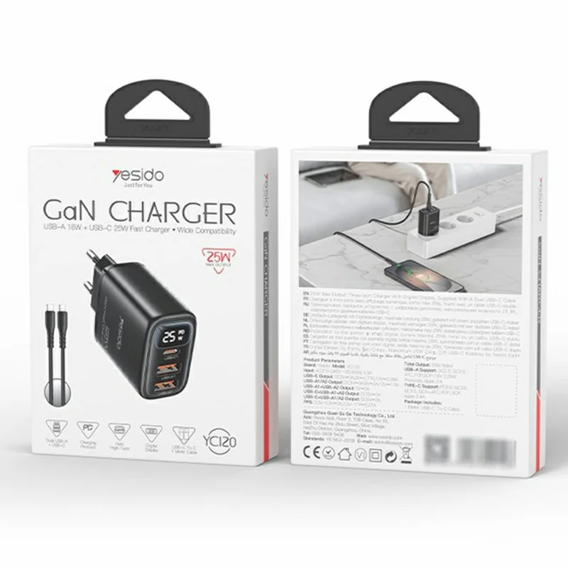 YESIDO YC120C 25W Fast Charger with USB-C to USB-C Cable Digital Display 3-Port Power Adapter, EU Plug - Black