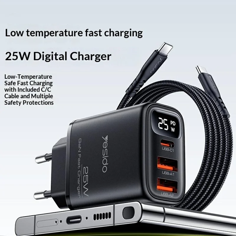 YESIDO YC120C 25W Fast Charger with USB-C to USB-C Cable Digital Display 3-Port Power Adapter, EU Plug - Black