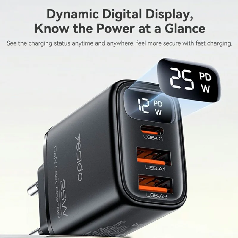 YESIDO YC120C 25W Fast Charger with USB-C to USB-C Cable Digital Display 3-Port Power Adapter, EU Plug - Black