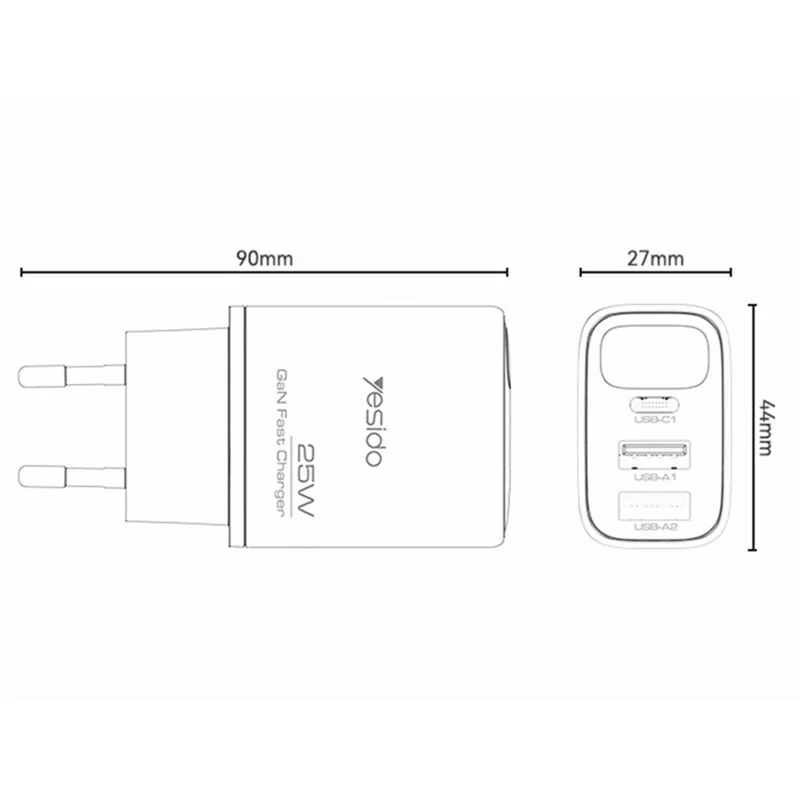 YESIDO YC120C 25W Fast Charger with USB-C to USB-C Cable Digital Display 3-Port Power Adapter, EU Plug - Black