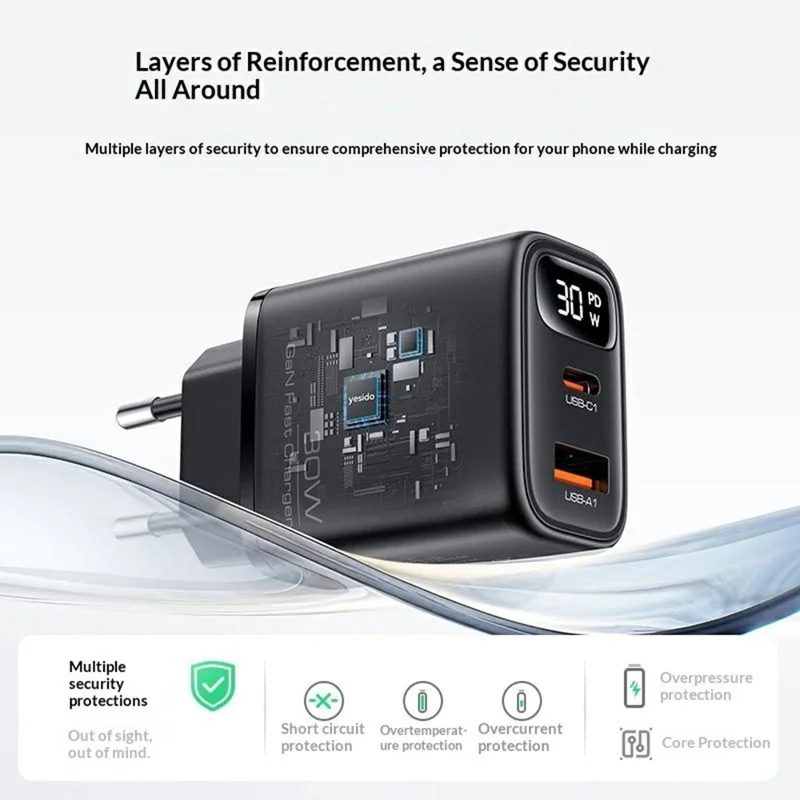 YESIDO YC121 30W Fast Charger USB-A + USB-C Dual Port GaN Power Adapter with Digital Display, EU Plug - Black
