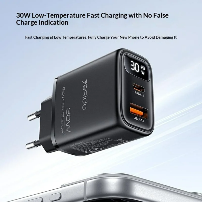 YESIDO YC121 30W Fast Charger USB-A + USB-C Dual Port GaN Power Adapter with Digital Display, EU Plug - Black
