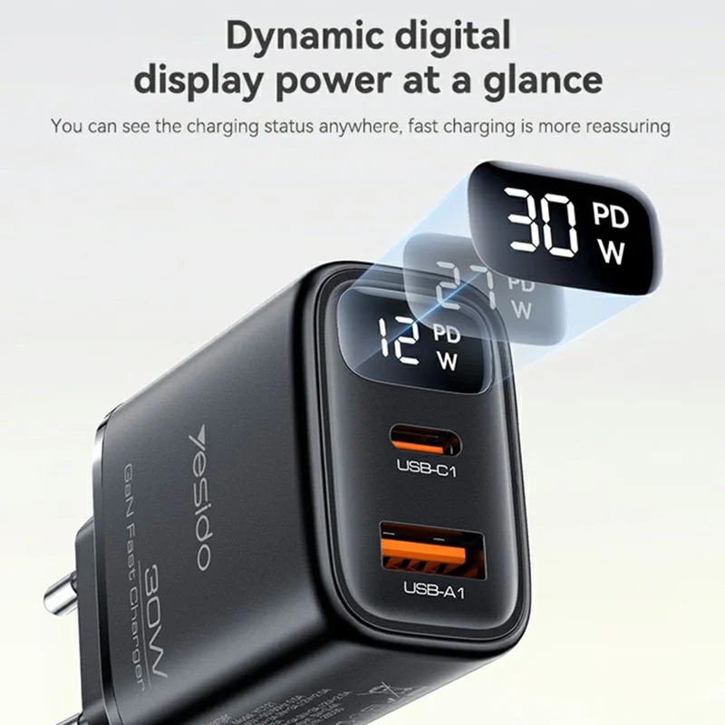 YESIDO YC121 30W Fast Charger USB-A + USB-C Dual Port GaN Power Adapter with Digital Display, EU Plug - Black