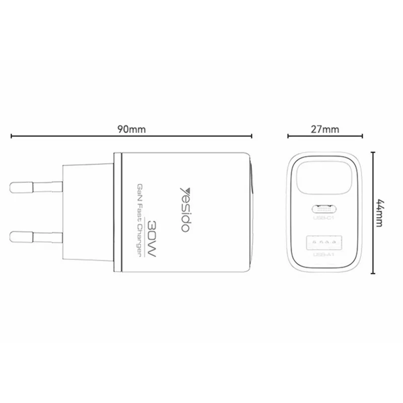 YESIDO YC121 30W Fast Charger USB-A + USB-C Dual Port GaN Power Adapter with Digital Display, EU Plug - Black