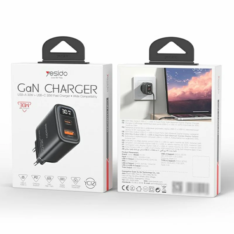 YESIDO YC121 30W Fast Charger USB-A + USB-C Dual Port GaN Power Adapter with Digital Display, EU Plug - Black