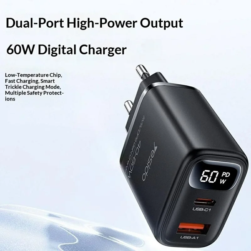 YESIDO YC122 PD 60W Fast Charger USB-A + USB-C Dual Port Digital Display Power Adapter, EU Plug - Black