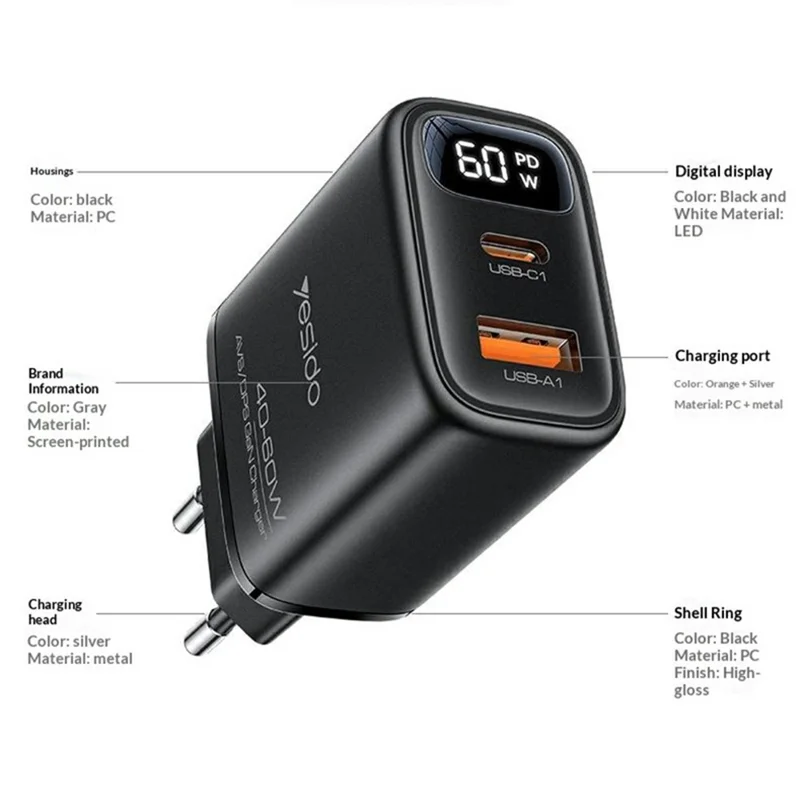 YESIDO YC122 PD 60W Fast Charger USB-A + USB-C Dual Port Digital Display Power Adapter, EU Plug - Black