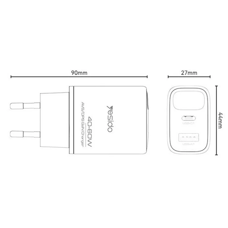 YESIDO YC122 PD 60W Fast Charger USB-A + USB-C Dual Port Digital Display Power Adapter, EU Plug - Black