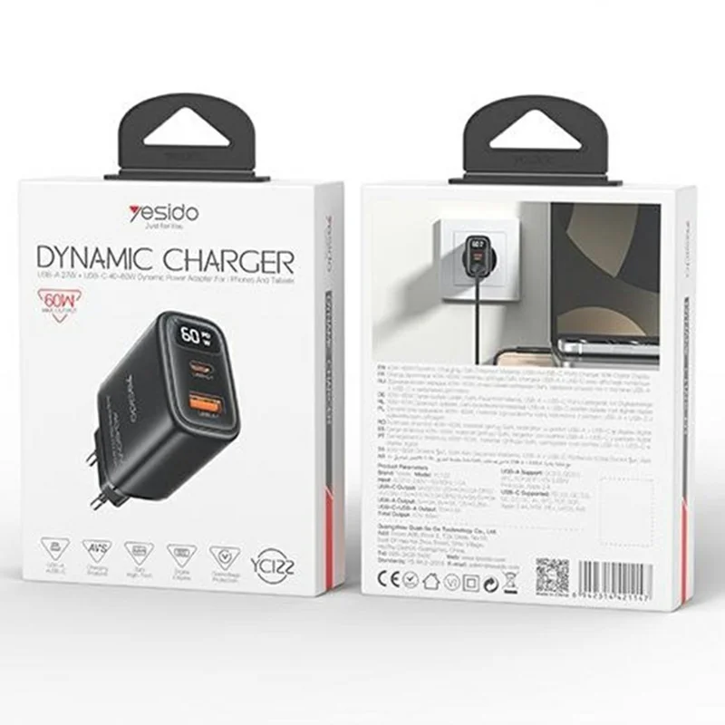 YESIDO YC122 PD 60W Fast Charger USB-A + USB-C Dual Port Digital Display Power Adapter, EU Plug - Black