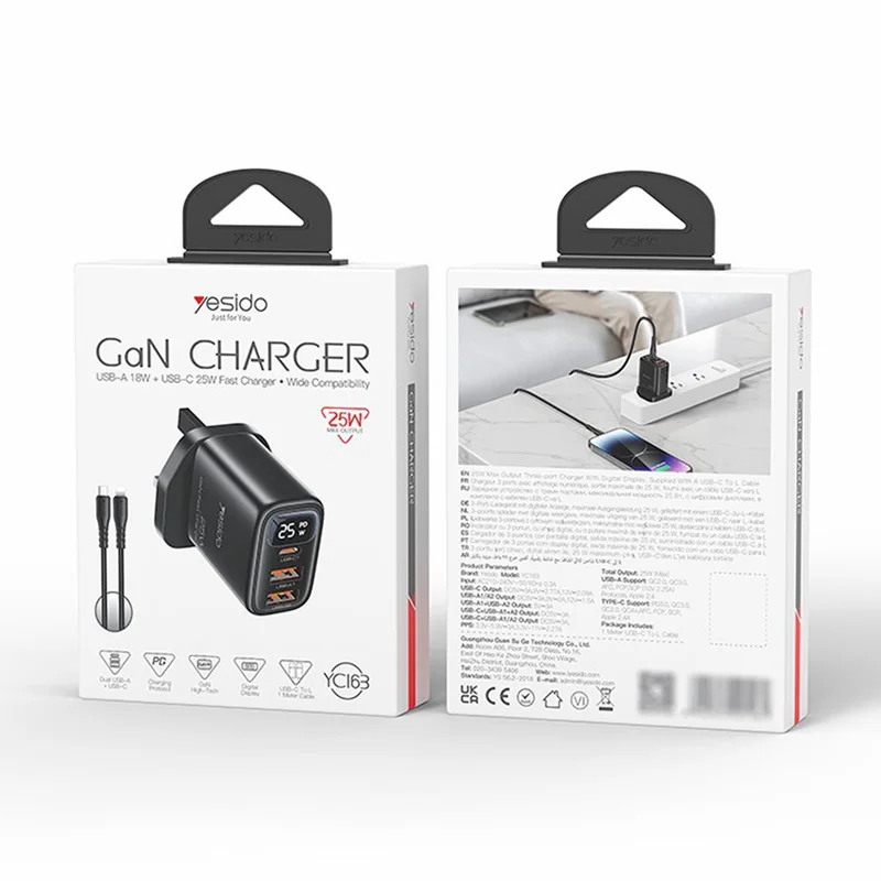 YESIDO YC163L 25W Fast Charger with USB-C to iP Cable Digital Display 3-Port Power Adapter, UK Plug - Black