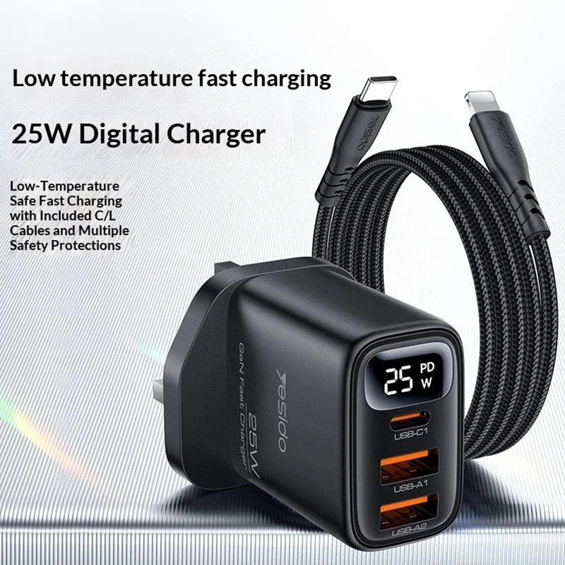 YESIDO YC163L 25W Fast Charger with USB-C to iP Cable Digital Display 3-Port Power Adapter, UK Plug - Black
