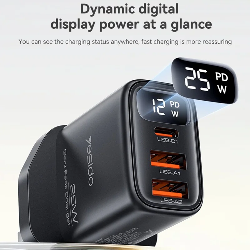 YESIDO YC163L 25W Fast Charger with USB-C to iP Cable Digital Display 3-Port Power Adapter, UK Plug - Black