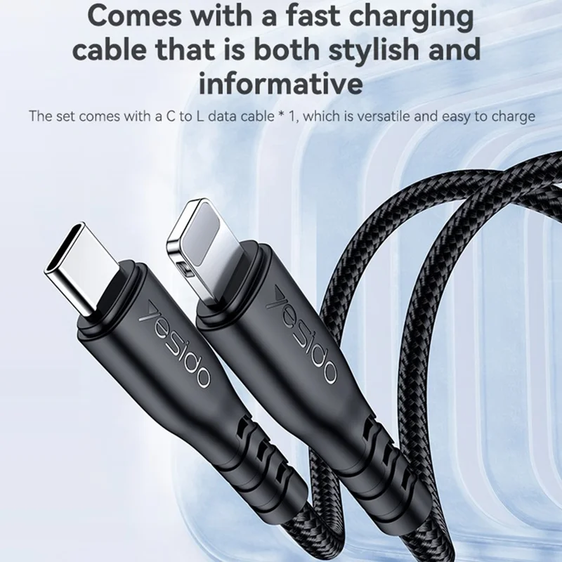 YESIDO YC163L 25W Fast Charger with USB-C to iP Cable Digital Display 3-Port Power Adapter, UK Plug - Black