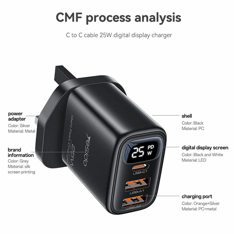YESIDO YC163L 25W Fast Charger with USB-C to iP Cable Digital Display 3-Port Power Adapter, UK Plug - Black