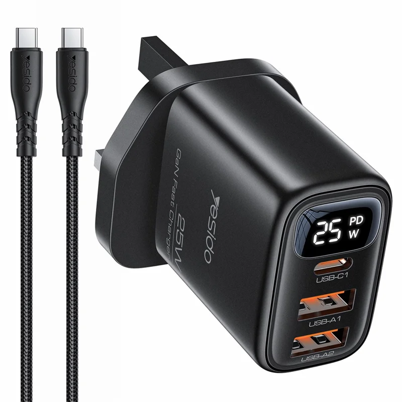 YESIDO YC163C 25 Вт Быстрое зарядное устройство с USB-C кабелем USB-C Цифровой дисплей 3-портовый адаптер питания, Великобритания вилка - Черный