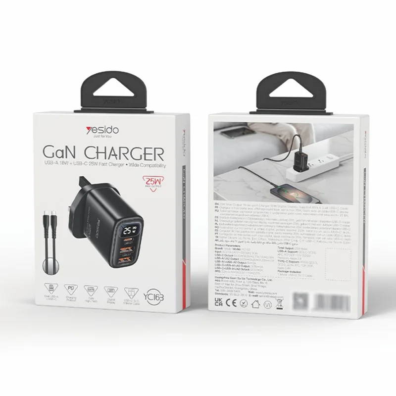 YESIDO YC163C 25 Вт Быстрое зарядное устройство с USB-C кабелем USB-C Цифровой дисплей 3-портовый адаптер питания, Великобритания вилка - Черный