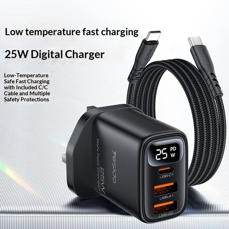 YESIDO YC163C 25 Вт Быстрое зарядное устройство с USB-C кабелем USB-C Цифровой дисплей 3-портовый адаптер питания, Великобритания вилка - Черный