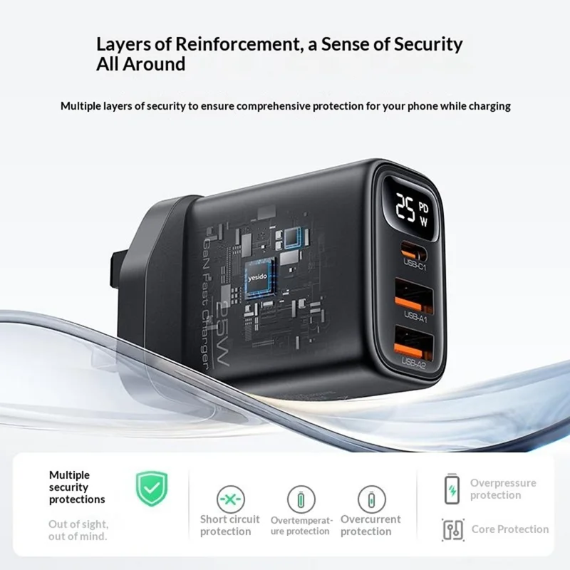 YESIDO YC163C 25 Вт Быстрое зарядное устройство с USB-C кабелем USB-C Цифровой дисплей 3-портовый адаптер питания, Великобритания вилка - Черный
