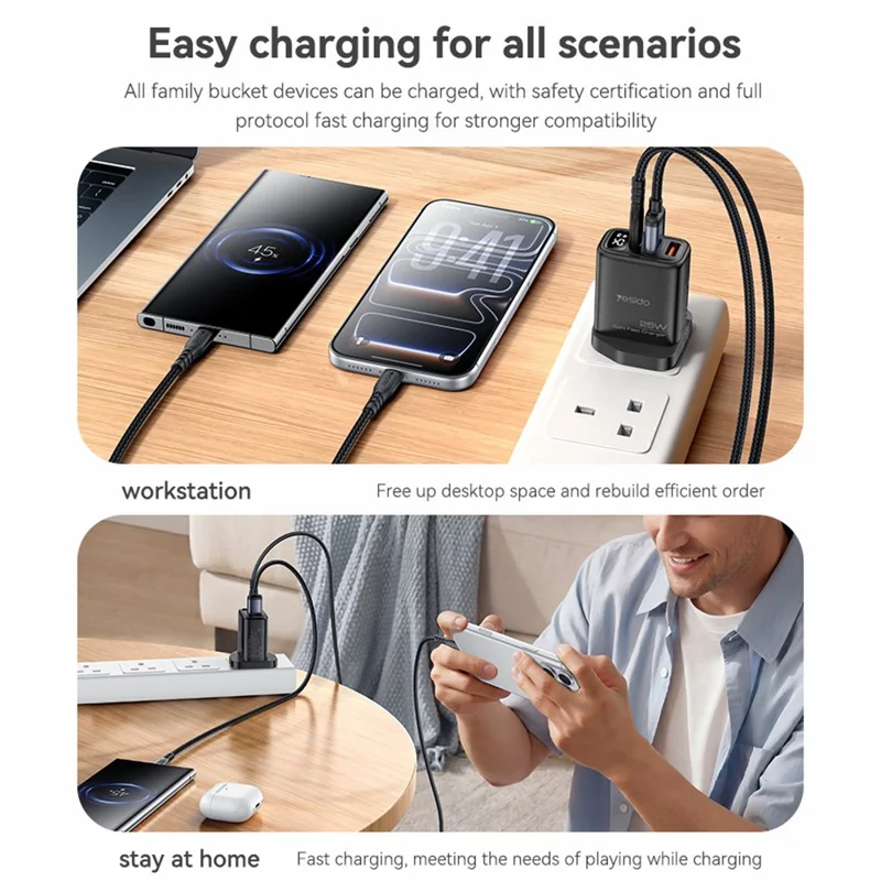YESIDO YC163C 25 Вт Быстрое зарядное устройство с USB-C кабелем USB-C Цифровой дисплей 3-портовый адаптер питания, Великобритания вилка - Черный