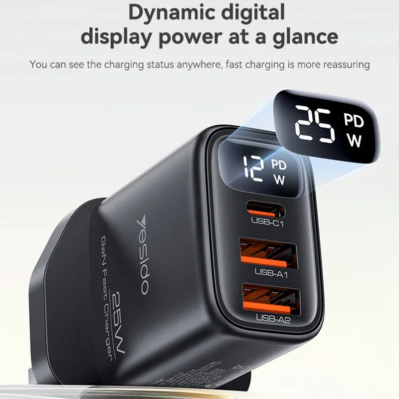 YESIDO YC163C 25 Вт Быстрое зарядное устройство с USB-C кабелем USB-C Цифровой дисплей 3-портовый адаптер питания, Великобритания вилка - Черный