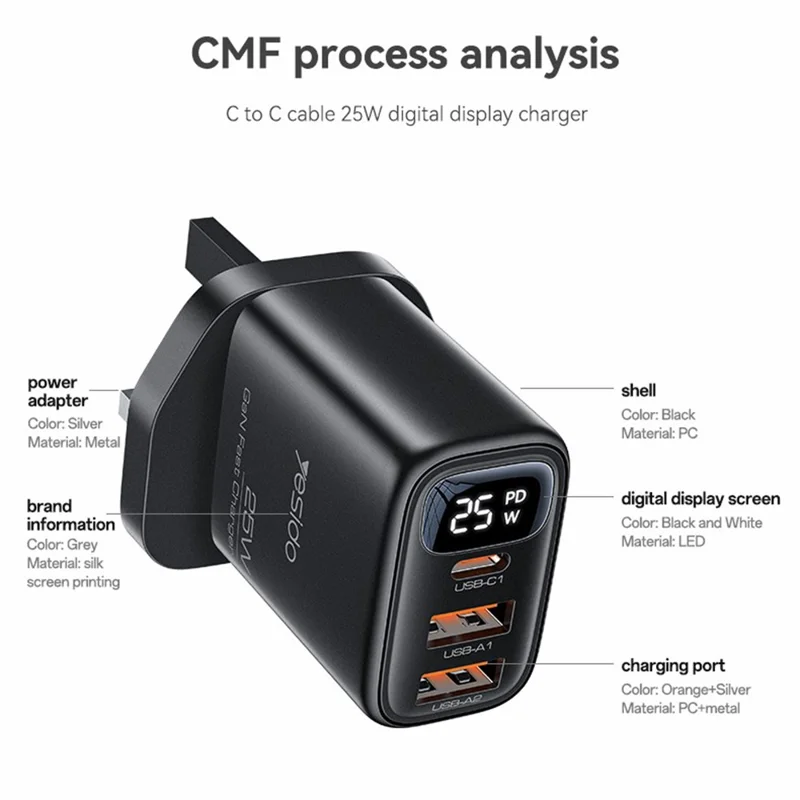 YESIDO YC163C 25 Вт Быстрое зарядное устройство с USB-C кабелем USB-C Цифровой дисплей 3-портовый адаптер питания, Великобритания вилка - Черный