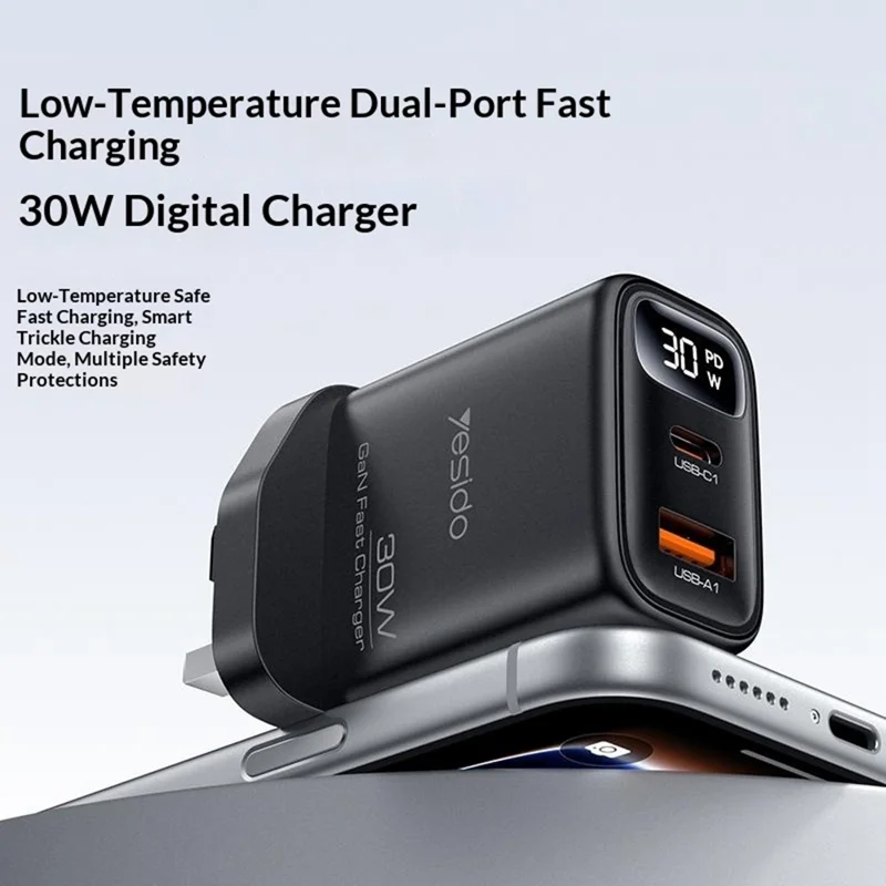 YESIDO YC164 30W Fast Charger USB-A + USB-C Dual Port GaN Power Adapter with Digital Display, UK Plug - Black