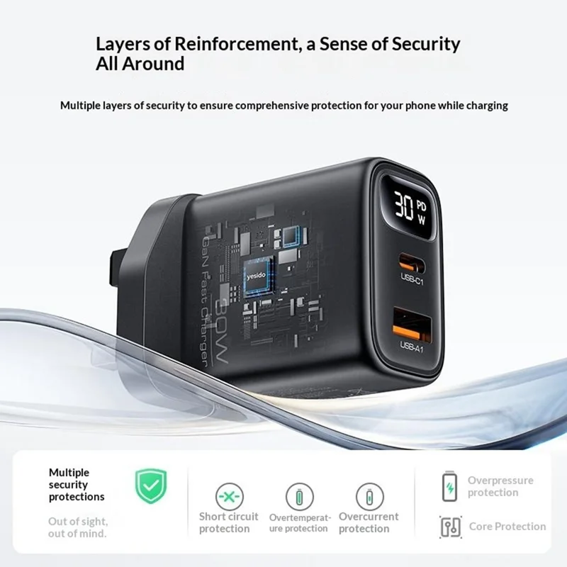 YESIDO YC164 30W Fast Charger USB-A + USB-C Dual Port GaN Power Adapter with Digital Display, UK Plug - Black
