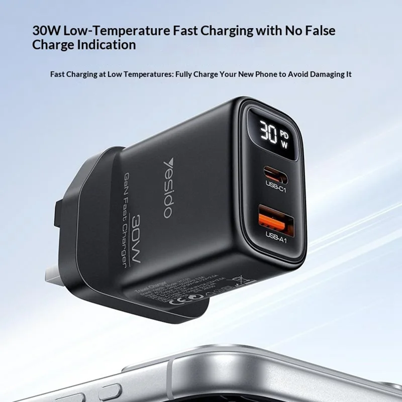 YESIDO YC164 30W Fast Charger USB-A + USB-C Dual Port GaN Power Adapter with Digital Display, UK Plug - Black
