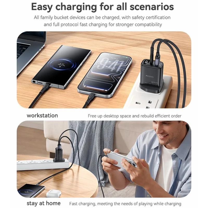 YESIDO YC164 30W Fast Charger USB-A + USB-C Dual Port GaN Power Adapter with Digital Display, UK Plug - Black