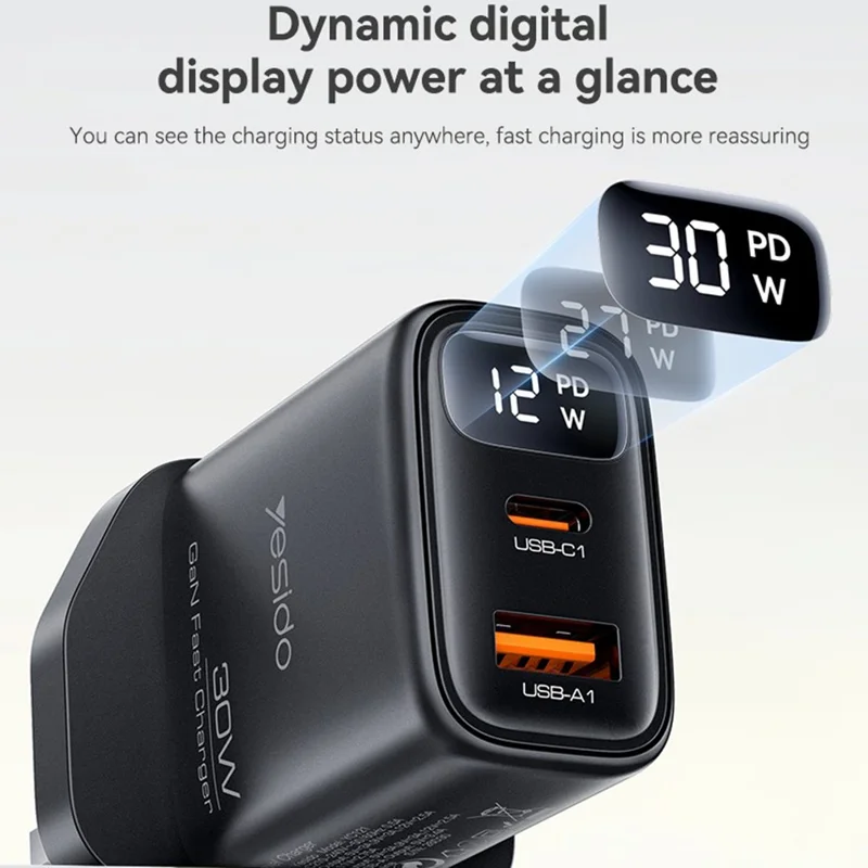 YESIDO YC164 30W Fast Charger USB-A + USB-C Dual Port GaN Power Adapter with Digital Display, UK Plug - Black