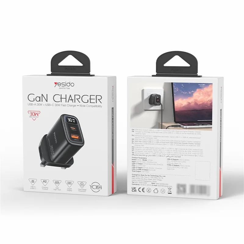 YESIDO YC164 30W Fast Charger USB-A + USB-C Dual Port GaN Power Adapter with Digital Display, UK Plug - Black