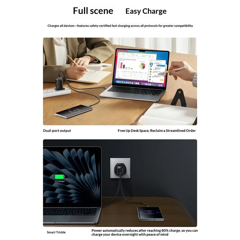 YESIDO YC165 PD 60W Fast Charger USB-A + USB-C Dual Port Digital Display Power Adapter, UK Plug - Black