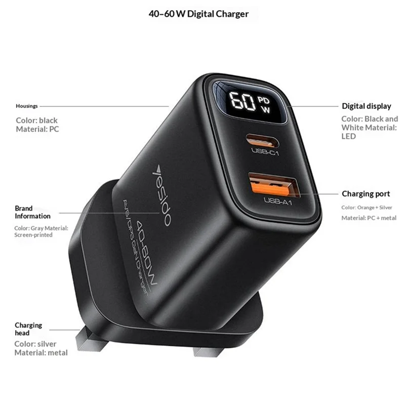 YESIDO YC165 PD 60W Fast Charger USB-A + USB-C Dual Port Digital Display Power Adapter, UK Plug - Black