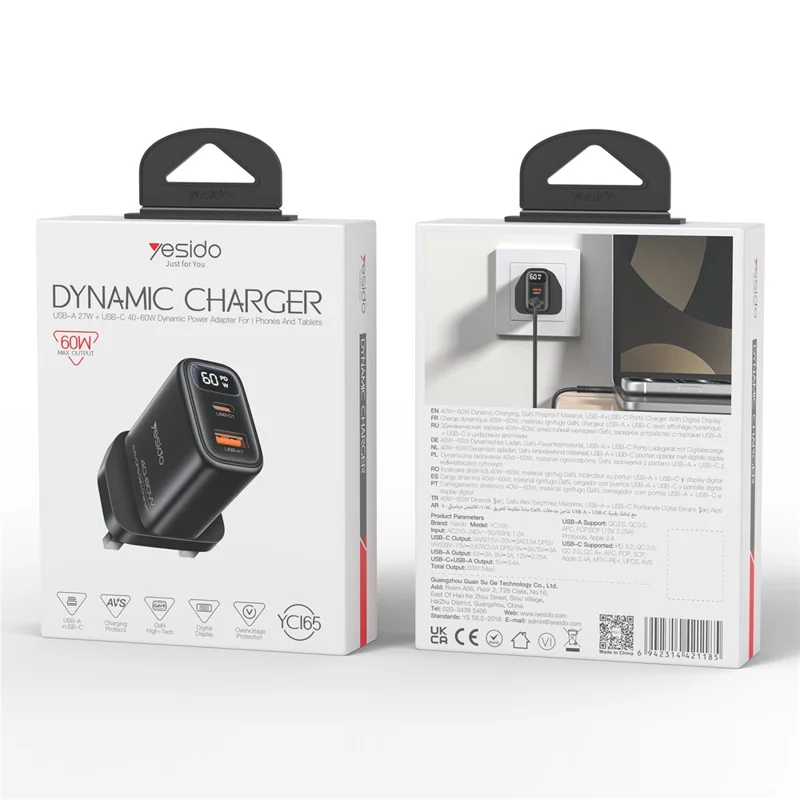 YESIDO YC165 PD 60W Fast Charger USB-A + USB-C Dual Port Digital Display Power Adapter, UK Plug - Black