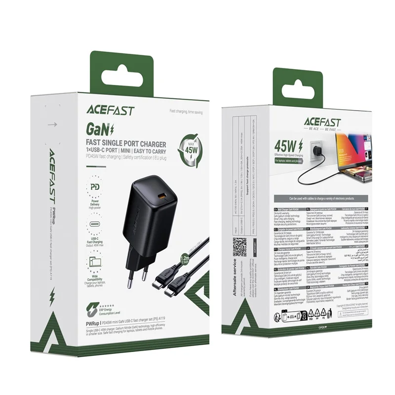 ACEFAST A119 PD 45W Mini GaN USB-C Fast Charger Set with 1.2m USB-C Cable , EU Plug - Black