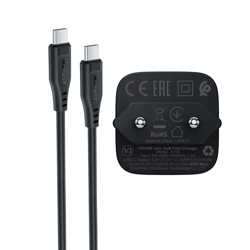 ACEFAST A119 PD 45W Mini GaN USB-C Fast Charger Set with 1.2m USB-C Cable , EU Plug - Black