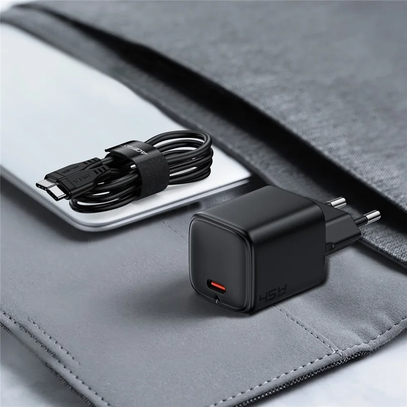 ACEFAST A119 PD 45W Mini GaN USB-C Fast Charger Set with 1.2m USB-C Cable , EU Plug - Black