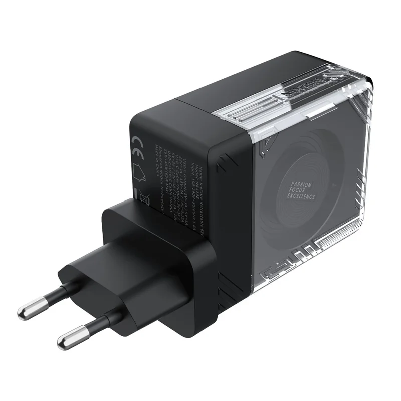 NILLKIN Icecore 65W GaN Fast Wall Charger with Retractable USB-C Cable for Travel, EU Plug - Black